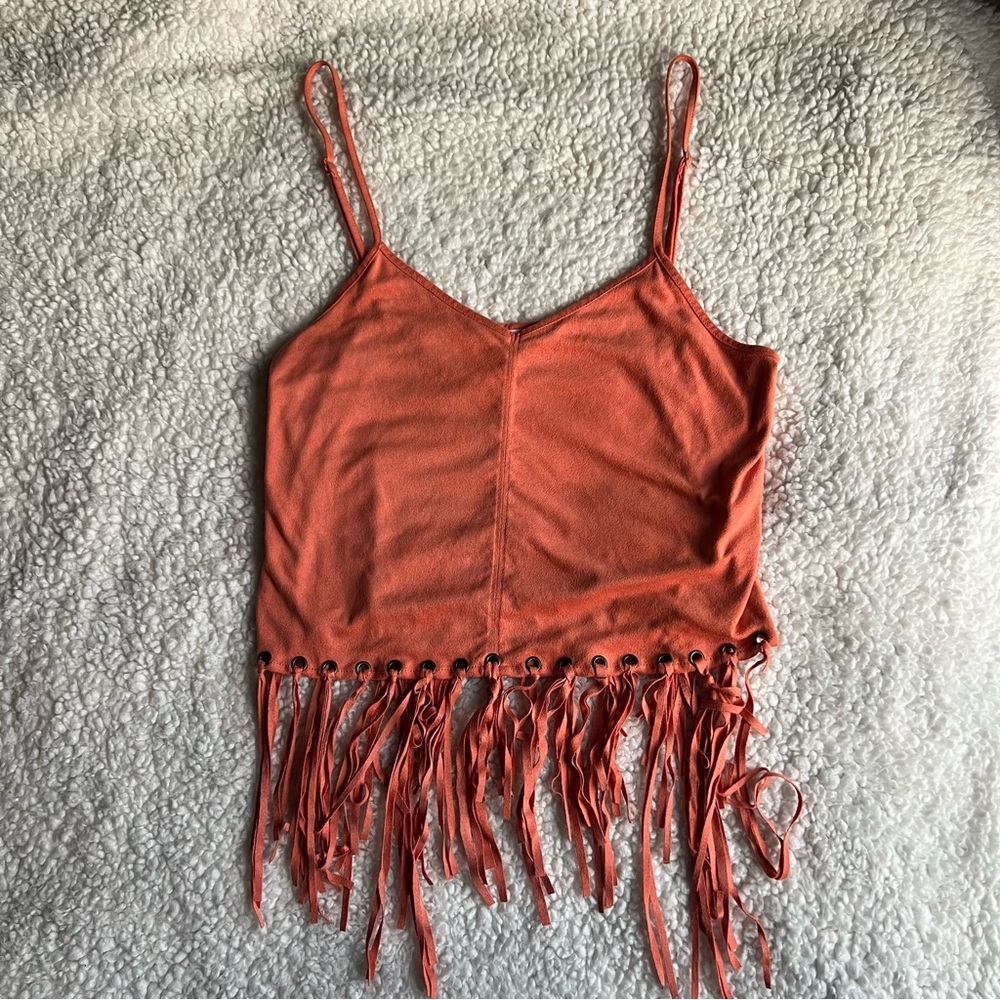 Fringed V-Neck Tank Top - Coral